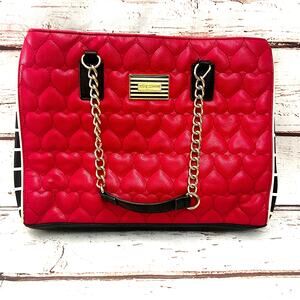 BETSEY JOHNSON Pink Heart Quilted Tote Bag Striped Sides Gold Chain Large Purse